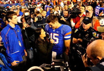 GAINESVILLE, FL - NOVEMBER 28:  Tim Tebow #15 of the Florida Gators speaks to the media following the game against the Florida State Seminoles at Ben Hill Griffin Stadium on November 28, 2009 in Gainesville, Florida.  (Photo by Sam Greenwood/Getty Images)