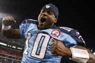 NASHVILLE, TN - NOVEMBER 29: Vince Young #10 of the Tennessee Titans celebrates after a 20-17 victory over the Arizona Cardinals at LP Field on November 29, 2009 in Nashville, Tennessee. (Photo by Streeter Lecka/Getty Images)