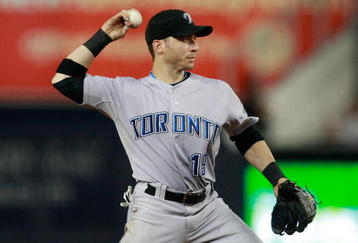 NEW YORK - AUGUST 10:  Marco Scutaro #19 of the Toronto Blue Jays throws to first base during the game on August 10, 2009 at Yankee Stadium in the Bronx Borough of New York City. (Photo by Jared Wickerham/Getty Images)