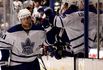 TORONTO - NOVEMBER 21: Phil Kessel #81 of the Toronto Maple Leafs celebrates shoot-out goal against the Washington Capitals during game action November 21, 2009 at the Air Canada Centre in Toronto, Ontario, Canada. (Photo by Abelimages/Getty Images)
