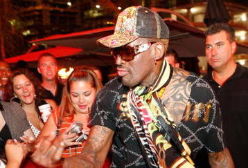 LAS VEGAS - MAY 16:  Former NBA player Dennis Rodman dancesat Hawaiian Tropic Zone's 'Torrid' Nightclub inside the Planet Hollywood Resort & Casino on May 16, 2008 in Las Vegas. (Photo by Jacob Andrzejczak/Getty Images for Hawaiian Tropic Zone)