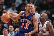 13 Dec 2001:  Point guard Mark Jackson #13 of the New York Knicks posts up point guard Chucky Atkins #7 of the Detroit Pistons during the NBA game at the Palace of Auburn Hills in Detroit, Michigan. The Pistons defeated the Knicks 99-97. NOTE TO USER:  User expressly acknowledges and agrees that, by downloading and/or using this Photograph, User is consenting to the terms and conditions of the Getty Images License Agreement. Mandatory copyright notice \ Mandatory Credit:  Tom Pidgeon/Getty Images