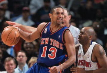 13 Dec 2001:  Point guard Mark Jackson #13 of the New York Knicks posts up point guard Chucky Atkins #7 of the Detroit Pistons during the NBA game at the Palace of Auburn Hills in Detroit, Michigan. The Pistons defeated the Knicks 99-97. NOTE TO USER:  User expressly acknowledges and agrees that, by downloading and/or using this Photograph, User is consenting to the terms and conditions of the Getty Images License Agreement. Mandatory copyright notice \ Mandatory Credit:  Tom Pidgeon/Getty Images