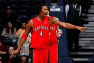 ATLANTA - DECEMBER 02:  Chris Bosh #4 of the Toronto Raptors yells to the defense against the Atlanta Hawks at Philips Arena on December 2, 2009 in Atlanta, Georgia.  NOTE TO USER: User expressly acknowledges and agrees that, by downloading and/or using this Photograph, User is consenting to the terms and conditions of the Getty Images License Agreement.  (Photo by Kevin C. Cox/Getty Images)
