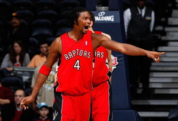 ATLANTA - DECEMBER 02:  Chris Bosh #4 of the Toronto Raptors yells to the defense against the Atlanta Hawks at Philips Arena on December 2, 2009 in Atlanta, Georgia.  NOTE TO USER: User expressly acknowledges and agrees that, by downloading and/or using this Photograph, User is consenting to the terms and conditions of the Getty Images License Agreement.  (Photo by Kevin C. Cox/Getty Images)