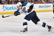 PITTSBURGH - OCTOBER 20: Center TJ Oshie #74 of the St. Louis Blues shoots the puck against the Pittsburgh Penguins on October 20, 2009 at Mellon Arena in Pittsburgh, Pennsylvania. (Photo by Jamie Sabau/Getty Images)