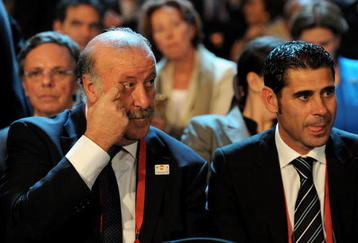 CAPE TOWN, SOUTH AFRICA - DECEMBER 04: Spain Coach Vincente Del Bosque (L) and former player Fernando Hierro attend the Final Draw for the FIFA World Cup 2010 December 4, 2009 at the International Convention Centre in Cape Town, South Africa.  (Photo by Laurence Griffiths/Getty Images)
