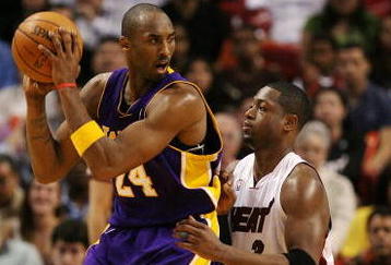MIAMI - DECEMBER 19:  Dwyane Wade #3 of the Miami Heat guards Kobe Bryant #24 of the Los Angeles Lakers at American Airlines Arena on December 19, 2008 in Miami, Florida. The Heat defeated the Lakers 89-87. NOTE TO USER: User expressly acknowledges and agrees that, by downloading and/or using this Photograph, user is consenting to the terms and conditions of the Getty Images License Agreement.  (Photo by Doug Benc/Getty Images)