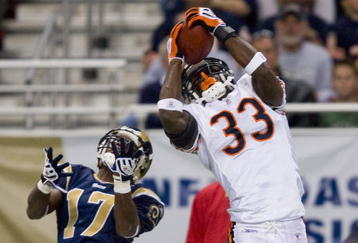ST. LOUIS, MO - NOVEMBER 23:  Charles Tillman #33 of the Chicago Bears intercepts a pass intended for Donnie Avery #17 of the St. Louis Rams at the Edward Jones Dome on November 23, 2008 in St. Louis, Missouri.  The Bears beat the Rams 27-3.  (Photo by Dilip Vishwanat/Getty Images)