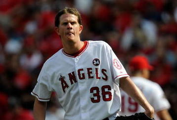 ANAHEIM, CA - OCTOBER 19:  Jered Weaver #36 of the Los Angeles Angels of Anaheim reacts in Game Three of the ALCS against the New York Yankees during the 2009 MLB Playoffs at Angel Stadium on October 19, 2009 in Anaheim, California.  (Photo by Kevork Djansezian/Getty Images)