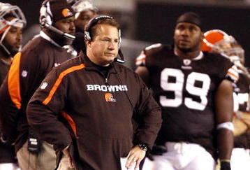 CLEVELAND - NOVEMBER 16:  Eric Mangini head coach of the Cleveland Browns watches his team against the Baltimore Ravens at Cleveland Browns Stadium on November 16, 2009 in Cleveland, Ohio.  (Photo by Matt Sullivan/Getty Images)