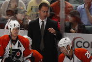 SUNRISE, FL - OCTOBER 16: Head coach John Stevens of the Philadelphia Flyers during a time out late in the third period of the game against the Florida Panthers on October 16, 2009 at the BankAtlantic Center in Sunrise, Florida. The Panthers defeated the Flyers 4-2. (Photo by Joel Auerbach/Getty Images)