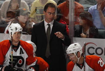 SUNRISE, FL - OCTOBER 16: Head coach John Stevens of the Philadelphia Flyers during a time out late in the third period of the game against the Florida Panthers on October 16, 2009 at the BankAtlantic Center in Sunrise, Florida. The Panthers defeated the Flyers 4-2. (Photo by Joel Auerbach/Getty Images)