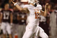 COLLEGE STATION, TX - NOVEMBER 26: Quarterback Colt McCoy #12 of the Texas Longhorns looks to pass the ball downfield against the Texas A&M Aggies in the first half at Kyle Field on November 26, 2009 in College Station, Texas. The Longhorns defeated the Aggies 49-39. (Photo by Aaron M. Sprecher/Getty Images