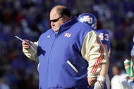 LAWRENCE, KS - NOVEMBER 18: Mark Mangino of the Kansas Jayhawks stands on the field during the game against the Kansas State Wildcats on November 18, 2006 at Memorial Stadium in Lawrence, Kansas. Kansas won 39-20. (Photo by Brian Bahr/Getty Images)
