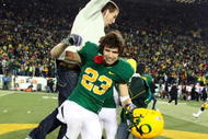 EUGENE,OR - DECEMBER 03:  Wide receiver Jeff Maehl #23 of the Oregon Ducks celebrates after defeating the Oregon State Beavers 33-37 at Autzen Stadium on December 3, 2009 in Eugene, Oregon.  (Photo by Tom Hauck/Getty Images)