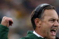 ANN ARBOR, MI - OCTOBER 25: Head coach Mark Dantonio of the Michigan State Spartans yells from the sideline while playing the Michigan Wolverines on October 25, 2008 at Michigan Stadium in Ann Arbor, Michigan. Michigan State won the game 35-21. (Photo by Gregory Shamus/Getty Images)