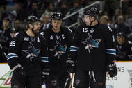 SAN JOSE, CA - DECEMBER 03: Dan Boyle #22, Rob Blake #4 and Dany Heatley #15 of the San Jose Sharks skate on to the ice after a break in action during their game against the St. Louis Blues at HP Pavilion on December 3, 2009 in San Jose, California. (Photo by Ezra Shaw/Getty Images)