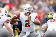 ANN ARBOR, MI - NOVEMBER 21: Terrelle Pryor #2 of the Ohio State Buckeyes throws a second quarter pass while playing the Michigan Wolverines on November 21, 2009 at Michigan Stadium in Ann Arbor, Michigan. (Photo by Gregory Shamus/Getty Images)