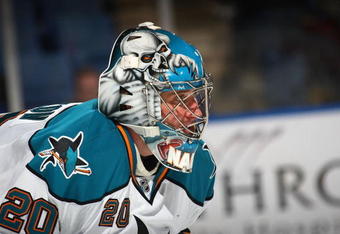 UNIONDALE, NY - OCTOBER 17:  Evgeni Nabokov #20 of the San Jose Sharks tends net against the New York Islanders at the Nassau Coliseum on October 17, 2009 in Uniondale, New York.  (Photo by Bruce Bennett/Getty Images)
