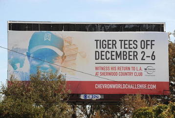 THOUSAND OAKS, CA - DECEMBER 01:  A sign promoting Tiger Woods at the Chevron World Challenge is displayed off the freeway on December 1, 2009 in Thousand Oaks, California.  (Photo by Harry How/Getty Images)