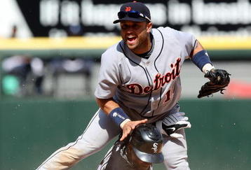 CHICAGO - JUNE 08: Placido Polanco #14 of the Detroit Tigers leaps over Alexei Ramirez #10 of the Chicago White Sox after turning a game-ending double play on June 8, 2009 at U.S. Cellular Field in Chicago, Illinois. The Tigers defeated the White Sox 5-4. (Photo by Jonathan Daniel/Getty Images)