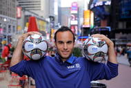 NEW YORK - DECEMBER 04:  Professional soccer player and member of the US National Soccer Team Landon Donovan poses for photos at the FIFA World Cup final draw viewing event hosted by Visa at ESPN Zone in Times Square on December 4, 2009 in New York City.  (Photo by Jemal Countess/Getty Images for Visa)