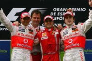 BARCELONA, SPAIN - MAY 13:  (L-R) Lewis Hamilton (2nd) of Great Britain and McLaren Mercedes, Felipe Massa (1st) of Brazil and Ferrari and Fernando Alonso (3rd) of Spain and McLaren Mercedes celebrate on the podium after the Spanish Formula One Grand Prix at the Circuit de Catalunya on May 13, 2007 in Barcelona, Spain.  (Photo by Paul Gilham/Getty Images)