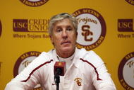 LOS ANGELES, CA - OCTOBER 24:  Head coach Pete Carroll of the USC Trojans listens to a question from a member of the media at a post game press conference following the game against the UCLA Bruins on November 28, 2009 at the Los Angeles Coliseum in Los Angeles, California.  USC won 28-7.  (Photo by Jeff Golden/Getty Images)