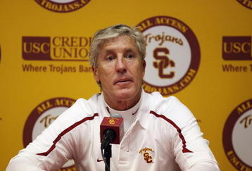 LOS ANGELES, CA - OCTOBER 24:  Head coach Pete Carroll of the USC Trojans listens to a question from a member of the media at a post game press conference following the game against the UCLA Bruins on November 28, 2009 at the Los Angeles Coliseum in Los Angeles, California.  USC won 28-7.  (Photo by Jeff Golden/Getty Images)