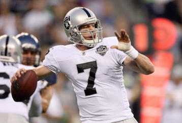 SEATTLE - SEPTEMBER 03: Quarterback  Jeff Garcia #7 of the Oakland Raiders passes the ball during the game against the Seattle Seahawks on September 3, 2009 at Qwest Field in Seattle, Washington. (Photo by Otto Greule Jr/Getty Images)  
