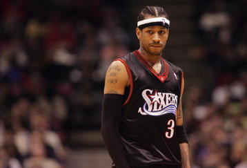EAST RUTHERFORD, NJ - DECEMBER 10:  Allen Iverson #3 of the Philadelphia 76ers looks on during a game against the New Jersey Nets at Continental Airlines Arena on December 10, 2005 in East Rutherford, New Jersey.  The Sixers defeated the Nets 107-95.  NOTE TO USER: User expressly acknowledges and agrees that, by downloading and or using this photograph, User is consenting to the terms and conditions of the Getty Images License Agreement. (Photo by Jim McIsaac/Getty Images)       