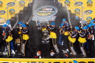 HOMESTEAD, FL - NOVEMBER 20: Ron Hornaday Jr. , driver of the #33 Longhorn Chevrolet, celebrates winning the series title in Victory Lane with his crew members after finishing 8th in the NASCAR Camping World Truck Series Ford 200 at Homestead-Miami Speedway on November 20, 2009 in Homestead, Florida. (Photo by Chris Graythen/Getty Images)