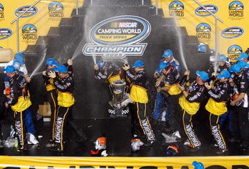 HOMESTEAD, FL - NOVEMBER 20:  Ron Hornaday Jr. , driver of the #33 Longhorn Chevrolet, celebrates winning the series title in Victory Lane with his crew members after finishing 8th in the NASCAR Camping World Truck Series Ford 200 at Homestead-Miami Speedway on November 20, 2009 in Homestead, Florida.  (Photo by Chris Graythen/Getty Images)