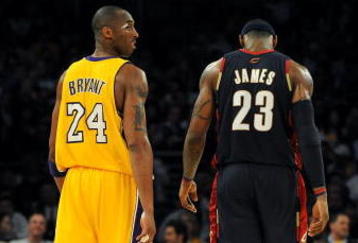 LOS ANGELES, CA - JANUARY 19:  Kobe Bryant #24 of the Los Angeles Lakers walks next to LeBron James #23 of the Cleveland Cavaliers during a break from the game at Staples Center on January 19, 2009 in Los Angeles, California.  (Photo by Harry How/Getty Images)