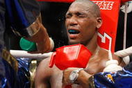 LAS VEGAS - APRIL 11:  Water is splashed on Paul Williams as he sits in his corner between rounds during his middleweight bout against Winky Wright at the Mandalay Bay Events Center April 11, 2009 in Las Vegas, Nevada. Williams won by unanimous decision.  (Photo by Ethan Miller/Getty Images)