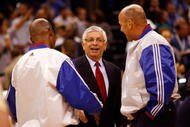 OKLAHOMA CITY - OCTOBER 29:  NBA Commissioner David Stern (C) talks with referees before the Milwaukee Bucks play the Oklahoma City Thunder at the Ford Center on October 29, 2008 in Oklahoma City, Oklahoma. NOTE TO USER: User expressly acknowledges and agrees that, by downloading and/or using this Photograph, user is consenting to the terms and conditions of the Getty Images License Agreement.   (Photo by Chris Graythen/Getty Images)
