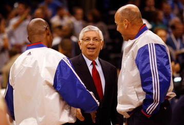OKLAHOMA CITY - OCTOBER 29:  NBA Commissioner David Stern (C) talks with referees before the Milwaukee Bucks play the Oklahoma City Thunder at the Ford Center on October 29, 2008 in Oklahoma City, Oklahoma. NOTE TO USER: User expressly acknowledges and agrees that, by downloading and/or using this Photograph, user is consenting to the terms and conditions of the Getty Images License Agreement.   (Photo by Chris Graythen/Getty Images)