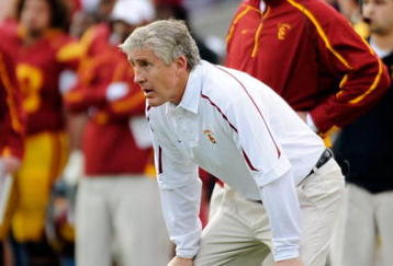 LOS ANGELES, CA - DECEMBER 05: Coach Pete Carroll of the USC Trojans reacts after the Arizona Wildcats scored a touchdown to win, 21-17, during the NCAA college football game at the Los Angeles Coliseum on December 5, 2009 in Los Angeles, California.  (Photo by Kevork Djansezian/Getty Images)