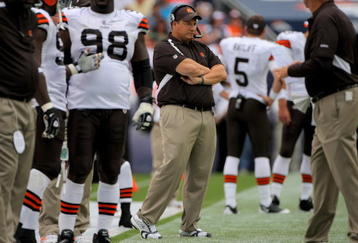 DENVER - SEPTEMBER 20:  Head coach Eric Mangini of the Cleveland Browns leads his team against the Denver Broncos during NFL action at Invesco Field at Mile High on September 20, 2009 in Denver, Colorado. The Broncos defeated the Browns 27-6.  (Photo by Doug Pensinger/Getty Images)