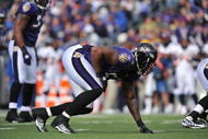 BALTIMORE - NOVEMBER 1:  Terrell Suggs #55 of the Baltimore Ravens defends against the Denver Broncos at M&T Bank Stadium on November 1, 2009 in Baltimore, Maryland. The Ravens defeated the Broncos 30-7. (Photo by Larry French/Getty Images)