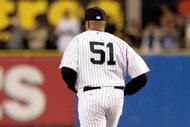 NEW YORK - SEPTEMBER 21:  Former New York Yankee Bernie Williams runs onto the field during a pregame ceremony prior to the start of the last regular season game at Yankee Stadium between the Baltimore Orioles and the New York Yankees on September 21, 2008 in the Bronx borough of New York City. The Yankees are playing their final season in the 85 year old ball park and plan on moving into the new Yankee Stadium across the street to start the 09 season.  (Photo by Jim McIsaac/Getty Images)