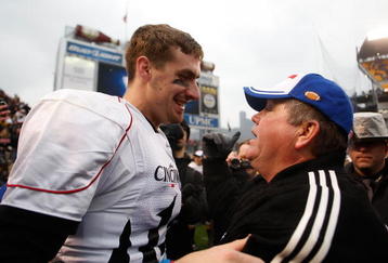 PITTSBURGH - DECEMBER 05: Tony Pike #15 is congratulated by head coach Brian Kelly of the Cincinnati Bearcats following their win against the University of Pittsburgh Panthers on December 5, 2009 at Heinz Field in Pittsburgh, Pennsylvania.  (Photo by Jared Wickerham/Getty Images)