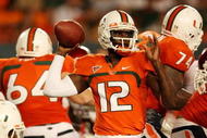 FORT LAUDERDALE, FL - OCTOBER 03: Quarterback Jacory Harris #12 of the Miami Hurricanes throws a pass against the Oklahoma Sooners at Land Shark Stadium on October 3, 2009 in Fort Lauderdale, Florida. Miami defeated Oklahoma 21-20. (Photo by Doug Benc/Getty Images)