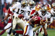 LANDOVER, MD - DECEMBER 06:  Robert Meachem #17 of the New Orleans Saints catches a fumble by Kareem Moore #41of the Washington Redskins on December 6, 2009 at FedExField in Landover, Maryland.  (Photo by Chris McGrath/Getty Images)