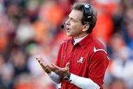 AUBURN, AL - NOVEMBER 27:  Head coach Nick Saban of the Alabama Crimson Tide yells to his offense during the game against the Auburn Tigers at Jordan-Hare Stadium on November 27, 2009 in Auburn, Alabama.  (Photo by Kevin C. Cox/Getty Images)