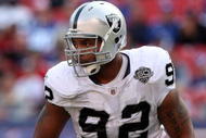 EAST RUTHERFORD, NJ - OCTOBER 11:  Richard Seymour #92 of the Oakland Raiders defends against the New York Giants on October 11, 2009 at Giants Stadium in East Rutherford, New Jersey. The Giants defeated the Raiders 44-7.  (Photo by Jim McIsaac/Getty Images)