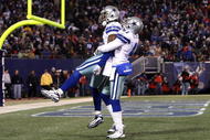 EAST RUTHERFORD, NJ - DECEMBER 06:  (L-R) Mike Jenkins #21 and Terence Newman #41 of the Dallas Cowboys celebrate after Jenkins intercepted a pass in the endzone in the third quarter against the New York Giants at Giants Stadium on December 6, 2009 in East Rutherford, New Jersey.  (Photo by Jim McIsaac/Getty Images)