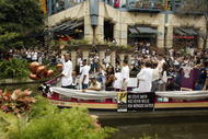 SAN ANTONIO - JUNE 18:  Steve Smith #8 (front of boat) of the San Antonio Spurs celebrates during the SBC 2003 Spurs Championship Celebration on June 18, 2003 at the Riverwalk in San Antonio, Texas.  NOTE TO USER: User expressly acknowledges and agrees that, by downloading and/or using this Photograph, User is consenting to the terms and conditions of the Getty Images License Agreement.  (Photo by Ronald Martinez/Getty Images)