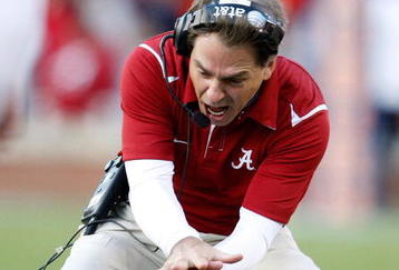 AUBURN, AL - NOVEMBER 27:  Head coach Nick Saban of the Alabama Crimson Tide yells to his offense during the game against the Auburn Tigers at Jordan-Hare Stadium on November 27, 2009 in Auburn, Alabama.  (Photo by Kevin C. Cox/Getty Images)